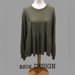 ASOS Design Curve Oversized Cotton Waffle Knit Smock Top, Khaki Green, Size 14